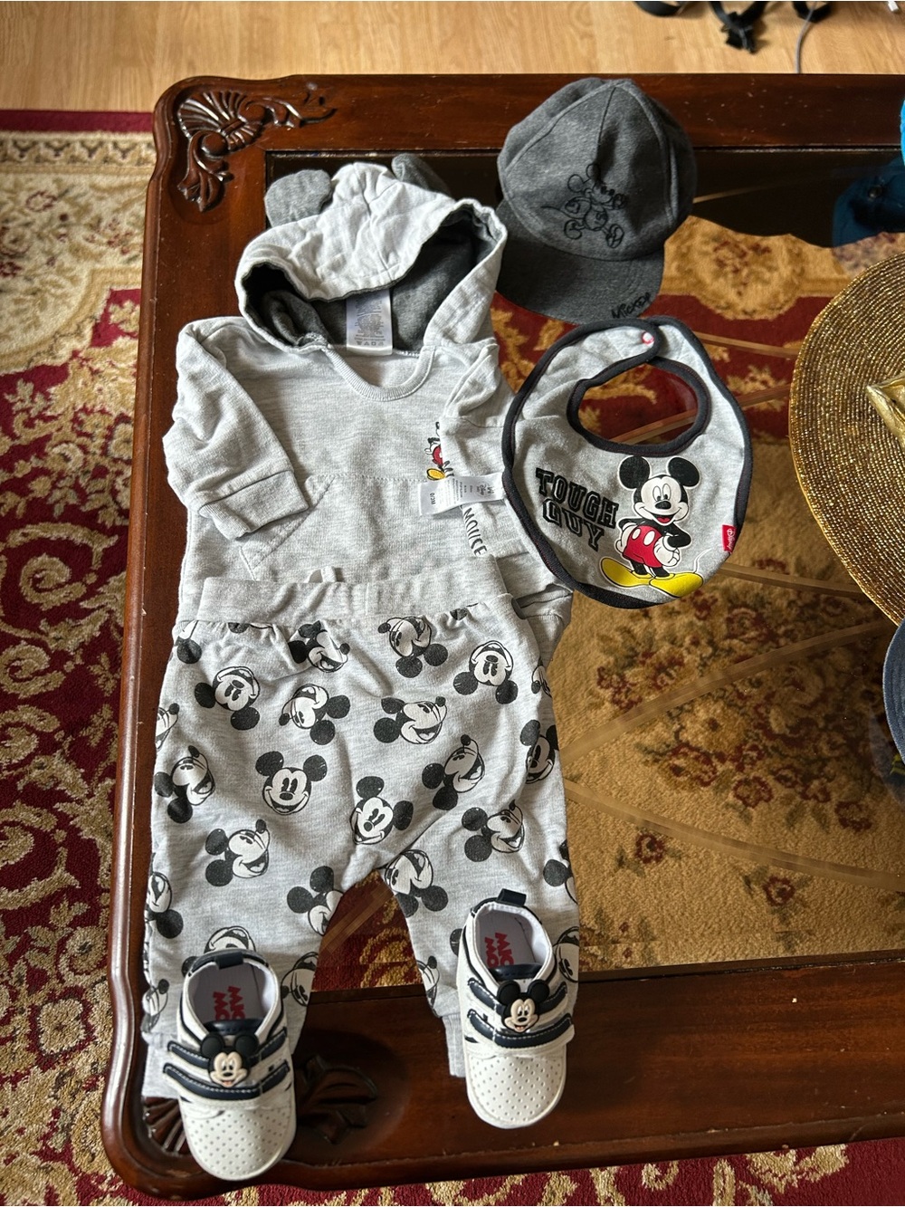 Disney Kids Gray Mickey Mouse Matching Set with Bib Hat & Shoes